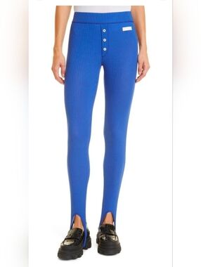 NWT GANNI Rib Stirrup Leggings Blue Button-Front Knit, Size L
